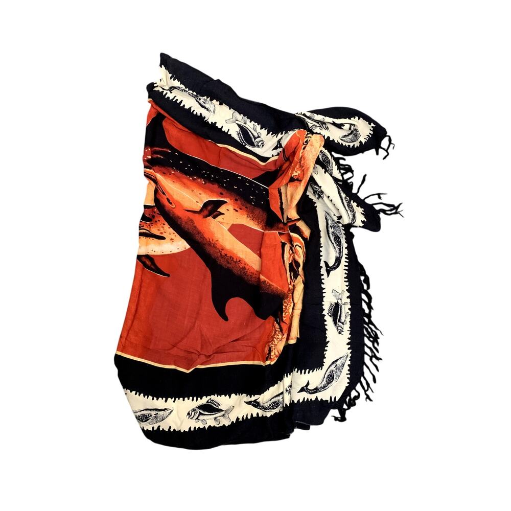 Sarong Tropical Wrap Orange Black Print Fringe Swim Suit Cover Pool Beach